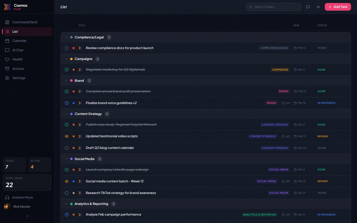 List view with categories