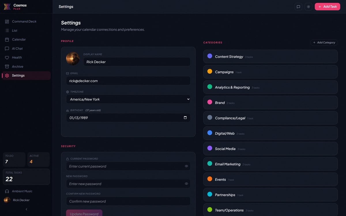 Settings and categories